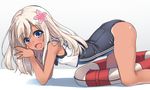  :d all_fours arched_back blonde_hair blue_eyes blush flower gradient gradient_background hair_flower hair_ornament kantai_collection lifebuoy long_hair looking_at_viewer open_mouth raiou ro-500_(kantai_collection) school_swimsuit school_uniform simple_background smile solo swimsuit swimsuit_under_clothes tan tanline tareme torpedo 
