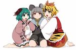  ameyu_(rapon) animal_ears animal_print apron arm_hug bad_id bad_twitter_id barefoot black_hair blonde_hair blush capelet dress fang green_eyes green_hair grey_hair hair_ornament jewelry kasodani_kyouko long_sleeves looking_at_another looking_at_viewer mouse_ears multicolored_hair multiple_girls nazrin necklace open_mouth pink_dress red_eyes shirt short_hair simple_background sitting skirt skirt_set sweatdrop tiger_print toramaru_shou touhou two-tone_hair waist_apron white_background wide_sleeves yellow_eyes 