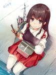  akagi_(kantai_collection) arrow bad_id bad_pixiv_id black_eyes black_hair bowl chopsticks flight_deck food food_on_face from_above gloves hakama holding japanese_clothes kantai_collection long_hair looking_at_viewer looking_up muneate partly_fingerless_gloves pleated_skirt red_hakama rice rice_bowl rice_on_face sketch skirt smile solo tasuki teroru thighhighs white_legwear yugake zettai_ryouiki 