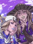 2boys blonde_hair blue_eyes blue_lips bridal_gauntlets brown_bridal_gauntlets commentary_request cowboy_hat feathers goggles goggles_on_headwear gold_teeth green_eyes green_lips gyro_zeppeli hair_through_headwear hat head_rest highres hokkyoku_(uuunnoo2) horseshoe johnny_joestar jojo_no_kimyou_na_bouken male_focus multiple_boys purple_sky sky steel_ball_run white_hat 
