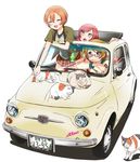  brown_hair car casual cat censored_text english fiat fiat_500 glasses ground_vehicle hair_ornament hairclip highres hoshizora_rin koizumi_hanayo license_plate long_hair love_live! love_live!_school_idol_project motor_vehicle multiple_girls nishikino_maki open_mouth open_roof_top orange_hair profanity red_hair short_hair smile sparkle star star-shaped_pupils sweeter_(h110111) symbol-shaped_pupils watch 