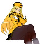  ashiomi_masato black_legwear blonde_hair blue_eyes crossed_arms crossed_legs fingerless_gloves gloves guilty_gear guilty_gear_xrd hat legs long_hair millia_rage orange_hat pantyhose solo 