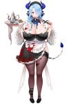  1girl absurdres animal_ears apron black_dress black_nails black_shoes blood blood_on_breasts blood_on_clothes blood_on_face blood_on_knife blue_eyes blue_hair blue_pupils braid breasts bright_pupils cleavage closed_mouth cookie cow_ears cow_girl cow_horns cow_tail cream_cod cup dress food frilled_apron frilled_dress frills hair_over_one_eye hair_over_shoulder hair_tubes highres holding holding_tray horns huge_breasts indie_virtual_youtuber knife long_hair maid maid_headdress miilkywayz mole mole_under_mouth official_art purple_horns saucer shoes single_hair_tube smile solo tachi-e tail teacup teapot thighhighs transparent_background tray virtual_youtuber white_apron 