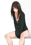  bangs black_sweater blush bottomless breasts brown_hair buttons cardigan cleavage covering covering_crotch embarrassed eyebrows_visible_through_hair green_eyes idolmaster idolmaster_cinderella_girls jewelry leaning_forward long_hair long_legs long_sleeves looking_at_viewer medium_breasts naked_cardigan naked_sweater necklace no_bra school_uniform shibuya_rin simple_background sitting sleeves_past_wrists solo sweater tsukino_wagamo v_arms white_background 