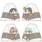  baozi black_hair blue_eyes blush_stickers brown_hair chibi eating food green_eyes green_hair inishie kantai_collection kumano_(kantai_collection) mikuma_(kantai_collection) mogami_(kantai_collection) multiple_girls onigiri open_mouth ponytail short_hair suzuya_(kantai_collection) twintails white_background 