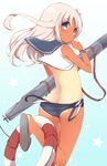  :o bad_id bad_twitter_id blonde_hair blue_eyes butt_crack crop_top flower from_behind hair_flower hair_ornament kantai_collection lifebuoy long_hair looking_back one-piece_swimsuit one-piece_tan open_mouth ro-500_(kantai_collection) school_uniform serafuku slippers solo swimsuit tan tanline torpedo watanon_(gakushokutei) 