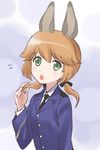  :o alternate_hairstyle amelie_planchard animal_ears blush bunny_ears flying_sweatdrops green_eyes hair_ribbon hand_in_hair kaneko_(novram58) long_hair long_sleeves military military_uniform necktie open_mouth orange_hair ribbon solo strike_witches twintails uniform world_witches_series 