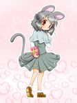  animal_ears arm_behind_back blush box capelet dress from_behind gift gift_box gradient gradient_background grey_dress grey_hair hand_on_own_chest heart heart_background looking_at_viewer looking_back mouse_ears mouse_tail nazrin pink_background red_eyes satchii_(artist) short_hair solo sweatdrop tail touhou 