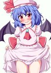  ascot bat_wings blue_hair blush bow brooch cowboy_shot dress dress_lift fang hat hat_bow highres jewelry mob_cap panties red_eyes remilia_scarlet simple_background solo touhou underwear white_background white_panties wings yakumo_nanahara 