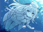  blue bubble cropped_jacket dress garrison_cap hat kantai_collection long_hair long_sleeves military military_uniform mishima_kurone puffy_long_sleeves puffy_sleeves solo swimming twitter_username u-511_(kantai_collection) underwater uniform water 