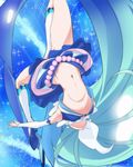  backflip blue_background blue_hair boots cure_mermaid earrings go!_princess_precure haruyama_kazunori jewelry kaidou_minami long_hair magical_girl midriff navel no_panties pearl ponytail precure pubic_hair seashell_earrings skirt solo sparkle upside-down very_long_hair 