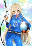  1girl ahoge blonde_hair blue_jumpsuit brick_wall erenshu glasses glitch_stars gloves helmet highres holding holding_unworn_helmet holding_water_gun jumpsuit kanna_yanagi long_hair multicolored_hair open_mouth orange_gloves paint_splatter pointy_ears powerwash_simulator smile solo streaked_hair unworn_headwear unworn_helmet water_gun white_hair yellow_eyes zipper zipper_pull_tab 