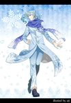  aji_(coastal_area) blue_hair gakuran highres jojo_no_kimyou_na_bouken kakyouin_noriaki long_coat male_focus scarf school_uniform snowflake_print snowflakes solo white_hair winter 