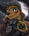  anthro blonde_hair blue_eyes brown_fur brown_nose explosives facial_markings fallout fallout_new_vegas flexa fur grenade hair hat helmet male mammal markings mongoose seth_h&auml;ser solo weapon 