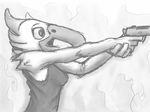  2015 avian bird digital_drawing_(artwork) female fire gun holding_weapon liquidrabbit monochrome pistol pose ranged_weapon sketch solo surprise weapon 