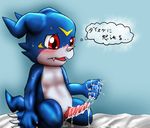  after_orgasm animal_genitalia bandai bed blush cum cum_drip cum_on_hand cum_on_penis cute_fangs digimon digital_media_(artwork) dripping erection fid genital_slit japanese_text kneeling male open_mouth penis scalie shaded slit solo sweat text thought_bubble translated veemon 