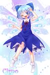  ;d ahoge blue_dress blue_eyes blue_hair blush character_name cirno dress ice ice_wings namino. one_eye_closed open_mouth smile solo touhou v wings 