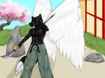  anthro belt black_belt canine cherry_blosom clothed clothing folf fox hair half-dressed howlfeiwolf hybrid jacen looking_at_viewer male mammal muscles naginata pants polearm smile solo standing sweat topless weapon wings wolf 