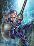  armor belt blonde_hair green_eyes highres lance left-handed lunastra_(armor) monster_hunter monster_hunter_mezeporta_kaitaku-ki polearm shield solo weapon 