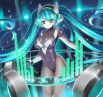  alternate_costume aqua_hair breasts brown_eyes covered_navel dj_sona hips large_breasts league_of_legends leotard long_hair miyuki_rei pantyhose solo sona_buvelle twintails very_long_hair 