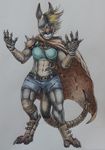  armor belt cape claws clothing female gloves hands_up kangaroo knee_wraps knife mad_max mammal marsupial moero mohawk muscles reptile scalie shorts sinistervibe snake solo spikes sports_bra tail_wraps traditional_media_(artwork) weapon 