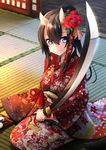  black_hair blue_eyes blush floral_print flower foreshortening hair_flower hair_ornament highres holding horns japanese_clothes katana kimono long_hair looking_at_viewer nekobaka oni_horns original ponytail seiza sitting smile solo sword tatami weapon 