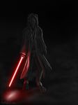  2014 anthro armor black_and_white_and_red bulge cheetah claws clothing cryme_the_cheetah dark digital_media_(artwork) feline gloves greyscale hood khraym lightsaber male mammal monochrome realistic robe sith smoke spot_color standing star_wars weapon whiskers 