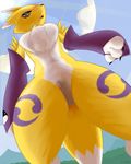  2014 ambiguous_gender anthro arm_warmers bandai black_sclera blue_eyes canine chest_tuft digimon featureless_crotch front_view frown fur looking_at_viewer looking_down low-angle_shot mammal open_mouth renamon ryloo solo standing thick_thighs tuft white_belly white_fur yellow_fur 