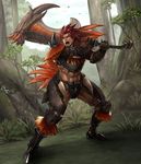  abs armor feathers highres male_focus monster_hunter monster_hunter_mezeporta_kaitaku-ki red_hair scar solo sword weapon 