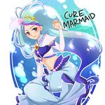  blue_eyes blue_hair character_name cure_mermaid earrings go!_princess_precure highres jewelry kaidou_minami long_hair magical_girl midriff mode_elegant_(go!_princess_precure) navel noyuki1204 ponytail precure seashell_earrings solo very_long_hair 