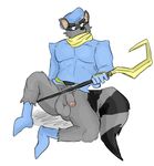  anthro balls bottomless colored half-erect hanging_balls headgear male mammal partially_retracted_foreskin pazcal penis pubes raccoon reclining scarf sitting sly_cooper sly_cooper_(series) solo uncut 