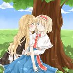  alice_margatroid apron ascot bad_id bad_pixiv_id blonde_hair blue_sky blush capelet closed_eyes cloud couple day grass hairband imminent_kiss kirisame_marisa long_hair meng_ziya multiple_girls no_hat no_headwear outdoors sash short_hair sitting sky sweatdrop touhou tree waist_apron yellow_eyes yuri 