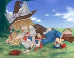  alice_margatroid apron ascot bad_id bad_pixiv_id basket blonde_hair blue_eyes blue_sky blush book bow braid capelet closed_eyes cloud couple cross-laced_footwear day grass grimoire hair_bow hairband hand_on_another's_cheek hand_on_another's_face hat highres hourai_doll imminent_kiss kirisame_marisa long_hair lying meng_ziya multiple_girls on_back open_mouth outdoors sash shanghai_doll shoes short_hair side_braid sky sleeping touhou tree waist_apron witch_hat wrist_cuffs yellow_eyes yuri 