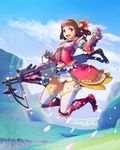  armor bangs belt boots bowgun brown_hair cloud corset day flower gloves hair_ornament half-skirt highres hill jumping monster_hunter monster_hunter_mezeporta_kaitaku-ki puffy_short_sleeves puffy_sleeves purple_eyes short_hair short_sleeves skirt sky solo sparkle thighhighs weapon 