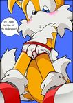  anthro balls blush clothing emerald-physics male miles_prower penis sega solo sonic_(series) sonic_the_hedgehog text underwear 