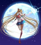  :o absurdly_long_hair absurdres bishoujo_senshi_sailor_moon bishoujo_senshi_sailor_moon_crystal blonde_hair blue_eyes blue_sailor_collar blue_skirt boots bow brooch choker crescent_moon double_bun douyougen earrings elbow_gloves facial_mark forehead_mark full_body full_moon gloves hair_ornament hairclip highres holding holding_staff jewelry knee_boots long_hair magical_girl miniskirt moon moon_stick outstretched_arms red_bow red_choker red_footwear sailor_collar sailor_moon sailor_senshi_uniform serious skirt solo spread_arms staff standing standing_on_one_leg tsukino_usagi twintails v-shaped_eyebrows very_long_hair white_gloves 