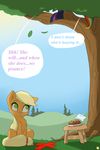  2015 apple_fritter applejack_(mlp) blonde_hair captainpudgemuffin cute dialogue earth_pony english_text equine female feral food freckles friendship_is_magic green_eyes hair horse mammal multicolored_hair my_little_pony outside pony ponytail purple_hair rainbow_dash_(mlp) rainbow_hair stool text trap tree twilight_sparkle_(mlp) x young 