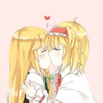  alice_margatroid ascot bad_id bad_pixiv_id blonde_hair blush braid capelet closed_eyes couple hairband heart hug kirisame_marisa kiss long_hair meng_ziya multiple_girls no_hat no_headwear short_hair side_braid simple_background touhou yuri 