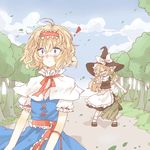  2girls alice_margatroid apron ascot bad_id bad_pixiv_id blonde_hair blue_eyes blue_sky blush broom capelet closed_eyes cloud couple day hairband hat kirisame_marisa long_hair mary_janes meng_ziya multiple_girls open_mouth sash screaming shoes short_hair sky socks touhou tree waist_apron wind witch_hat yuri 