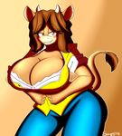  2015 anthro big_breasts bovine breasts cattle cleavage clothed clothing female horn huge_breasts mammal solo supersonicrulaa 