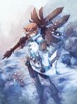  armor brown_hair goggles highres hunting_horn male_focus monster_hunter monster_hunter_mezeporta_kaitaku-ki snow solo weapon 