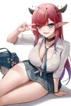  1girl :d absurdres bag black_choker blue_necktie breasts choker cleavage earrings heterochromia highres hololive hololive_english irys_(hololive) irys_(irys_2.0)_(hololive) jewelry large_breasts looking_at_viewer miniskirt necktie pointy_ears red_hair school_bag school_uniform serafuku shirt simple_background sitting skirt smile solo somebody_(leiking00) thighs v virtual_youtuber white_background white_shirt 