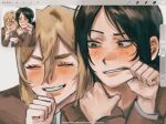  2girls arm_around_neck art_program_in_frame black_hair blonde_hair brown_jacket cheek_pinching closed_eyes freckles grin hair_between_eyes highres jacket krista_lenz low_ponytail multiple_girls parted_bangs parted_lips pinching pneko ponytail shingeki_no_kyojin smile teeth upper_body white_background ymir_(shingeki_no_kyojin) 