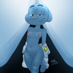 anthro areola blue_body blue_fur breasts cartoon_network clothing digital_media_(artwork) domestic_cat felid feline felis female fur genitals hi_res mammal narrowed_eyes navel nicole_watterson nipples nude seductive shirt solo standing tail the_amazing_world_of_gumball topwear tvma undressing undressing_self vulva