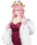  1girl animal_earrings animal_ears artist_name breasts cleavage closed_mouth commentary commissioner_name cowboy_shot cowl_neck dress earrings english_commentary eyelashes eyeliner fox_ears fur_shawl gem genshin_impact gloves gold_earrings gold_necklace highres jewelry large_breasts light_smile looking_at_viewer makeup necklace pink_lips purple_eyes purple_gemstone red_dress red_eyeliner satin_dress shawl side_slit simple_background spaghetti_strap tenartistt watermark white_background white_gloves white_shawl yae_miko 