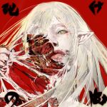 1girl absurdres blonde_hair bright_pupils closed_mouth expressionless flayed_skin guro hand_up highres injury kiss-shot_acerola-orion_heart-under-blade lazy_eye lips long_hair looking_at_viewer mature_female mismatched_pupils monogatari_(series) nose nude oshino_shinobu pale_skin pointy_ears portrait red_background ripping self-harm shishirui_san skinned solo vampire white_pupils yellow_eyes 