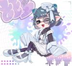 1girl ;d apron aqua_eyes aqua_hair beads black_bow black_bowtie black_dress blue_jacket blue_shoes bow bowtie commentary commission dress fangs full_body gradient_hair hair_beads hair_bow hair_horns hair_ornament hat highres indie_virtual_youtuber inkling inkling_girl inkling_player_character jacket long_sleeves looking_at_viewer mini_hat monocle multicolored_hair one_eye_closed open_clothes open_jacket open_mouth pointy_ears puchiman purple_hair purple_thighhighs shoes short_hair signature skeb_commission sleeves_past_fingers sleeves_past_wrists smile solo splatoon_(series) stethoscope_around_neck symbol-only_commentary tentacle_hair thighhighs virtual_youtuber white_apron white_bow white_hat x_hair_ornament 