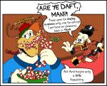 2019 4_fingers absurd_res anatid anseriform anthro avian beak ben_day_dots bird black_cane black_text black_top_hat blue_clothing blue_sweater blue_topwear bowl candy candy_cane clothing container crunch dessert dialogue_in_description digital_drawing_(artwork) digital_media_(artwork) disney duck ducktales ducktales_(2017) duo eating eating_candy english_description english_text eyewear fake_antlers fake_horns feathers feet fingers food glasses green_bowl hair hi_res holding_bowl holding_candy holding_candy_cane holding_cane holding_container holding_food holding_object launchpad_mcquack male membrane_(anatomy) mightyfilm moose_antlers onomatopoeia open_mouth orange_hair red_clothing red_robe robe scrooge_mcduck simple_background sound_effects sweater text toes topwear webbed_feet white_background white_body white_feathers white_speech_bubble yellow_beak