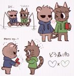  2boys :3 animal_crossing animal_ears bear_boy bear_ears bear_tail black_eyes blue_hoodie blush box brown_fur can cat_boy cat_ears cat_tail chibi chibi_only chibikemo cola commentary_request drink edd_(eddsworld) eddsworld english_text fishing fishing_rod furrification furry furry_male furry_with_furry green_hoodie heart highres holding holding_box holding_can holding_drink holding_fishing_rod holding_hands hollow_eyes hood hood_down hoodie male_focus marriage_proposal mau_(edd_tom) multiple_boys open_mouth sitting smile surprised tail tom_(eddsworld) translation_request yaoi 