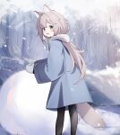  1girl :d absurdres animal_ear_fluff animal_ears black_pantyhose blue_coat blue_eyes blush coat commentary_request day feet_out_of_frame grey_hair grey_mittens hair_between_eyes highres long_hair long_sleeves mittens original outdoors pantyhose riya_(01214) scarf smile snow snowball snowing solo standing tail very_long_hair white_scarf wide_sleeves winter_clothes 